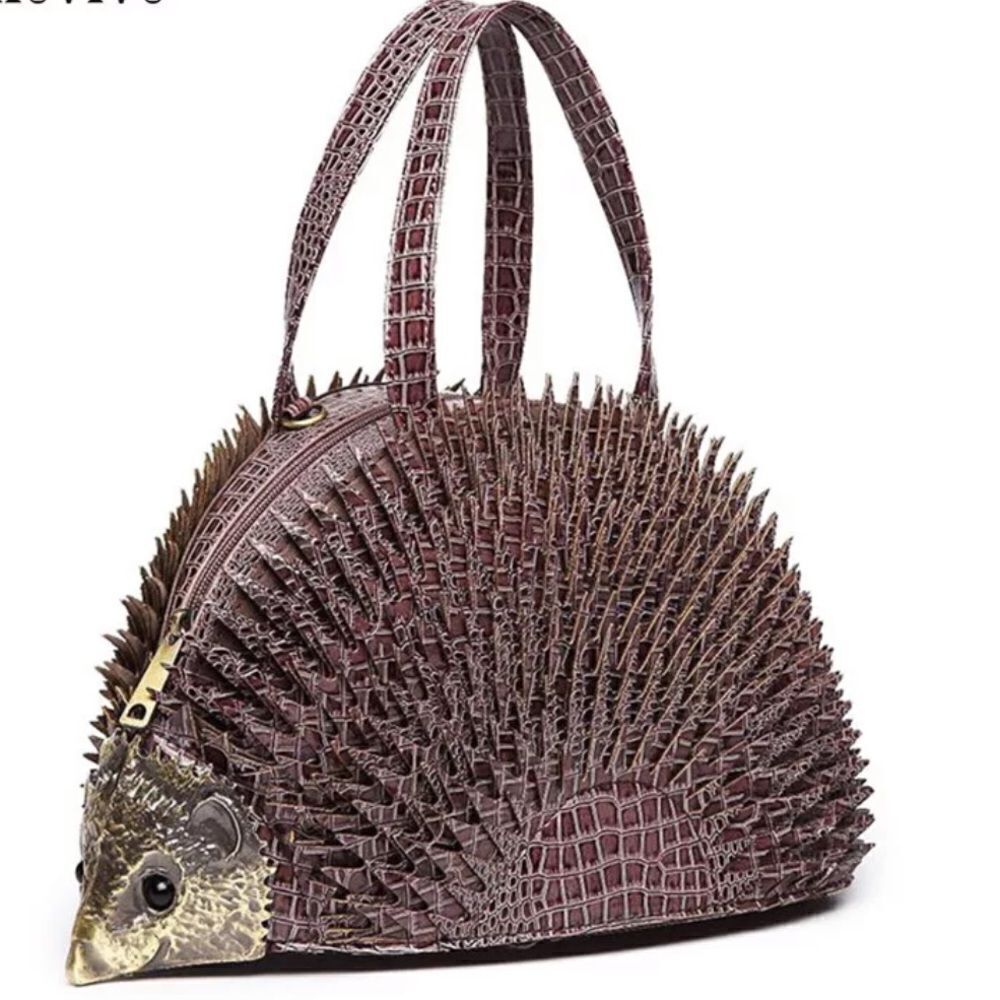 HEDGEHOG NOVELTY BAG PURPLE CROC EMBOSSED SATCHEL UNIQUE STATEMENT HANDBAG - Picture 3 of 15